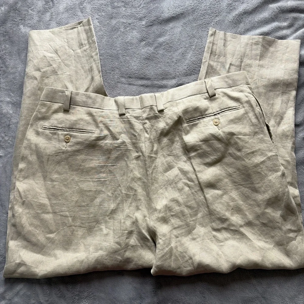 Calvin Klein Pants Mens 42R Beige 100% Linen Dress Trousers Flat Front Summer